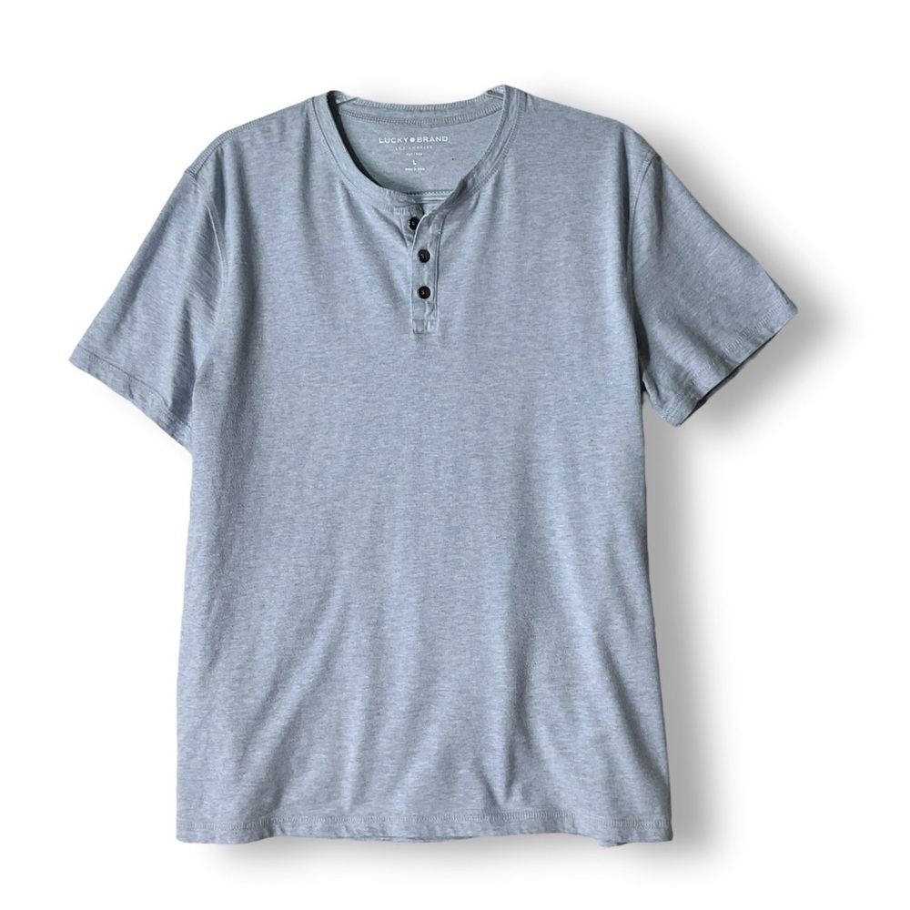 Lucky Brand Mens Henley Tee Sz L Short Sleeve Blue Casual Basic Normcore